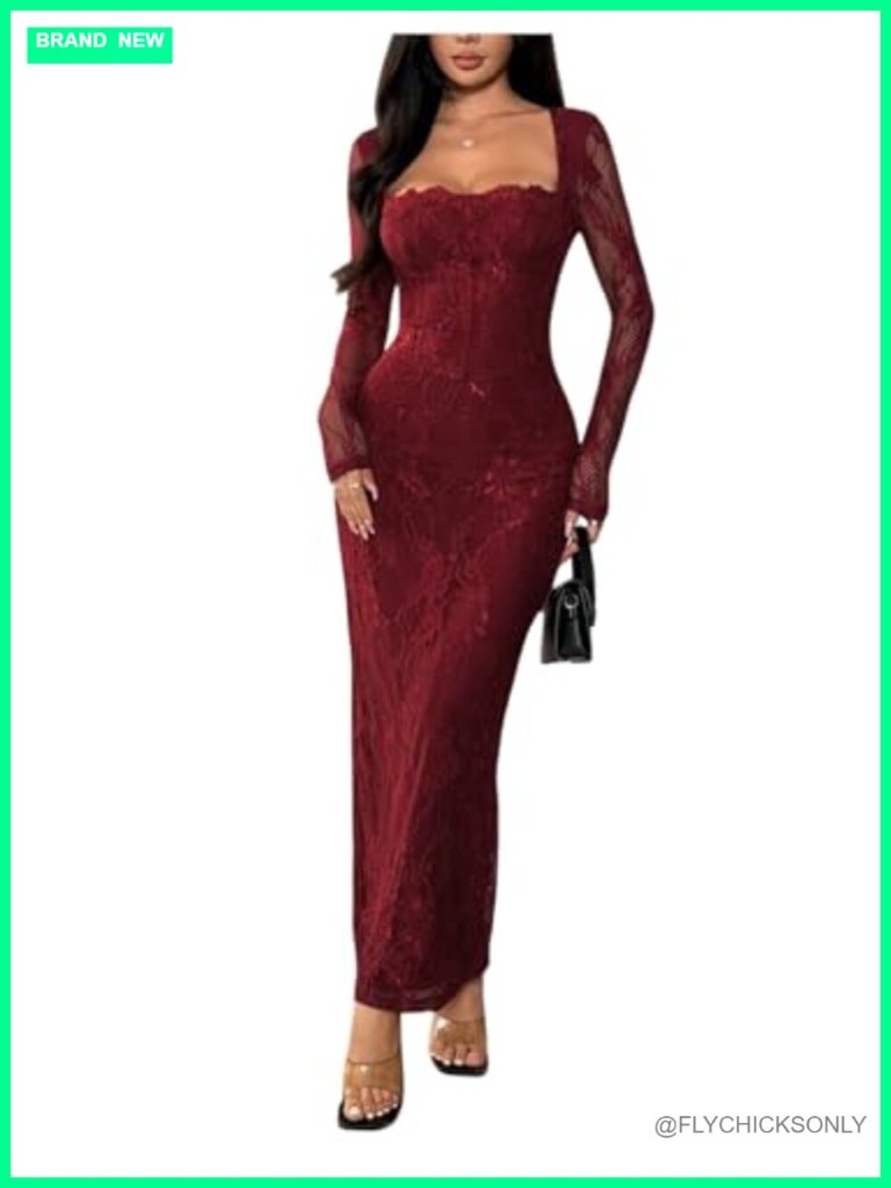 Floral Lace Fishtail Maxi Dress Long Sleeve Square Neck Bodycon Formal